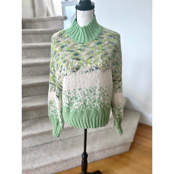NWT Aerie Green Cream Blouson Ribbed Hem Turtleneck Oversize Sweater - Picture 2 of 6